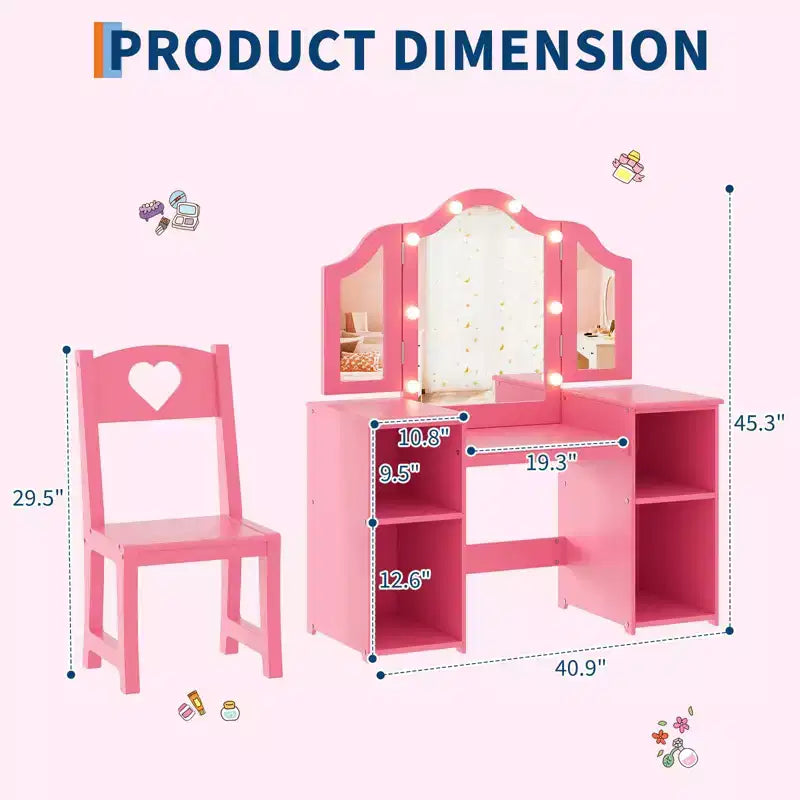 Kids Vanity Table with Drawers, Princess Makeup Desk & Chair Set, Detachable Tri-Folding Mirror, Wooden Toddler Vanity Table