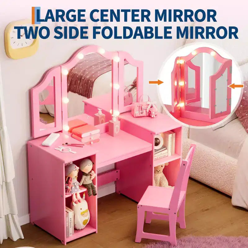 Kids Vanity Table with Drawers, Princess Makeup Desk & Chair Set, Detachable Tri-Folding Mirror, Wooden Toddler Vanity Table