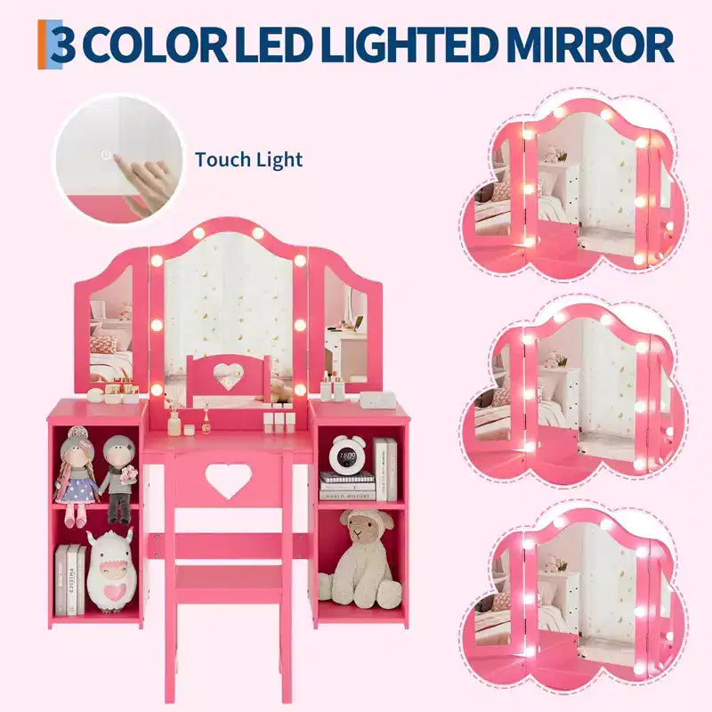 Kids Vanity Table with Drawers, Princess Makeup Desk & Chair Set, Detachable Tri-Folding Mirror, Wooden Toddler Vanity Table