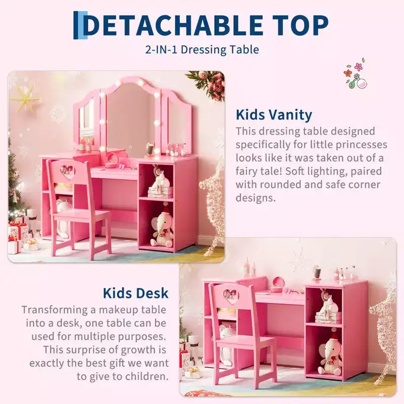 Kids Vanity Table with Drawers, Princess Makeup Desk & Chair Set, Detachable Tri-Folding Mirror, Wooden Toddler Vanity Table