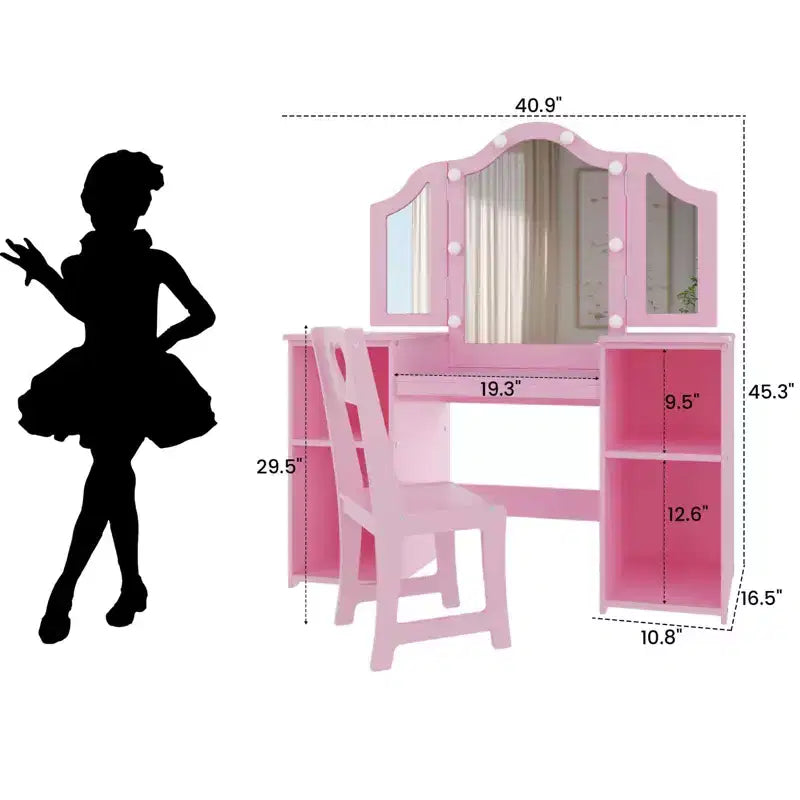 Kids Vanity Table with Drawers, Princess Makeup Desk & Chair Set, Detachable Tri-Folding Mirror, Wooden Toddler Vanity Table