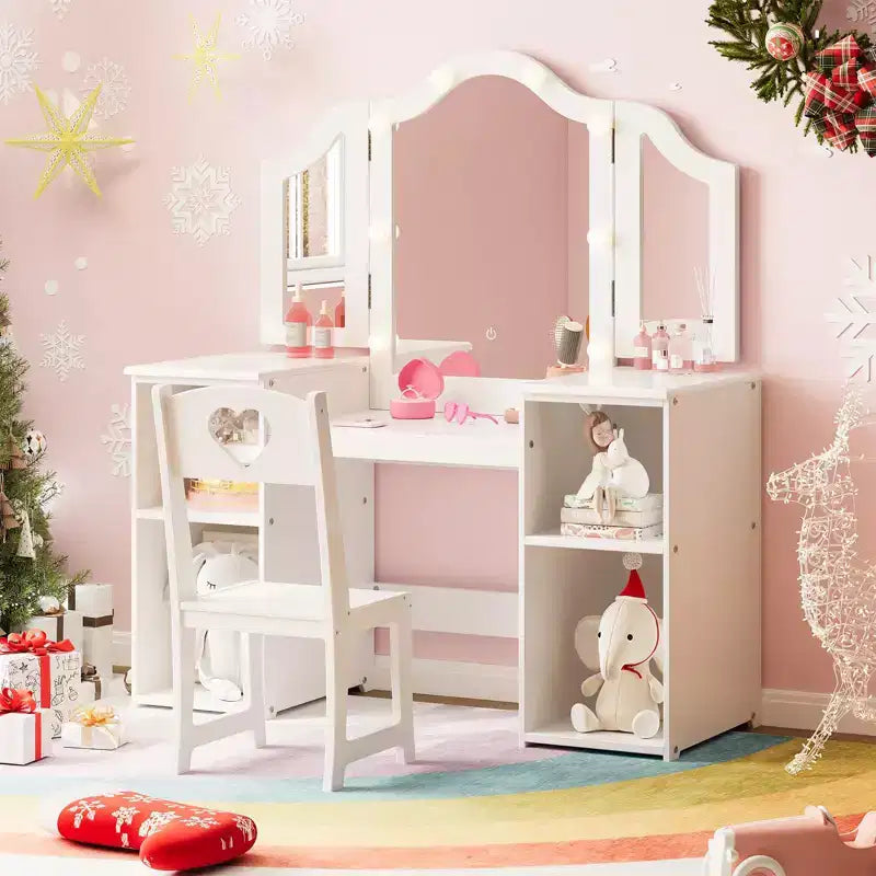 Kids Vanity Table with Drawers, Princess Makeup Desk & Chair Set, Detachable Tri-Folding Mirror, Wooden Toddler Vanity Table