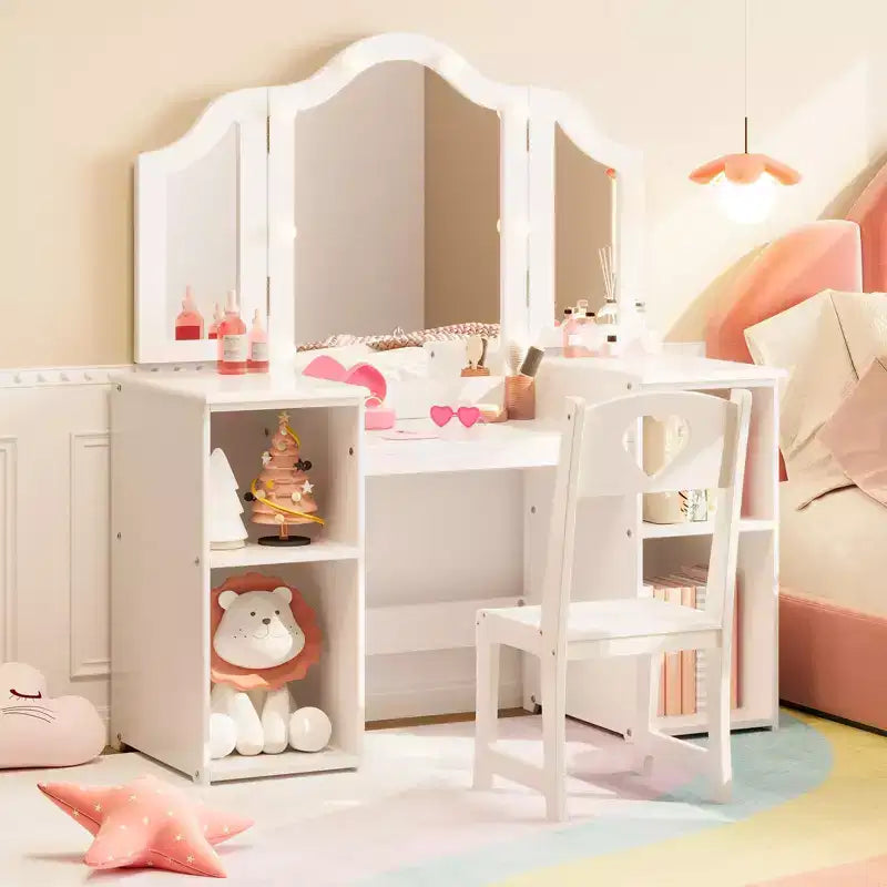 Kids Vanity Table with Drawers, Princess Makeup Desk & Chair Set, Detachable Tri-Folding Mirror, Wooden Toddler Vanity Table