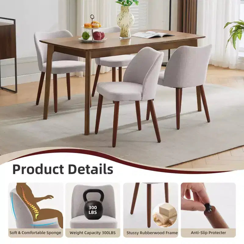 Dining Chair Set of 2, Linen Upholstered Dining Chair with Wood Legs, Wing Backrest, Wooden Kitchen Chair, Kitchen Chairs with Thick Cushions for Room
