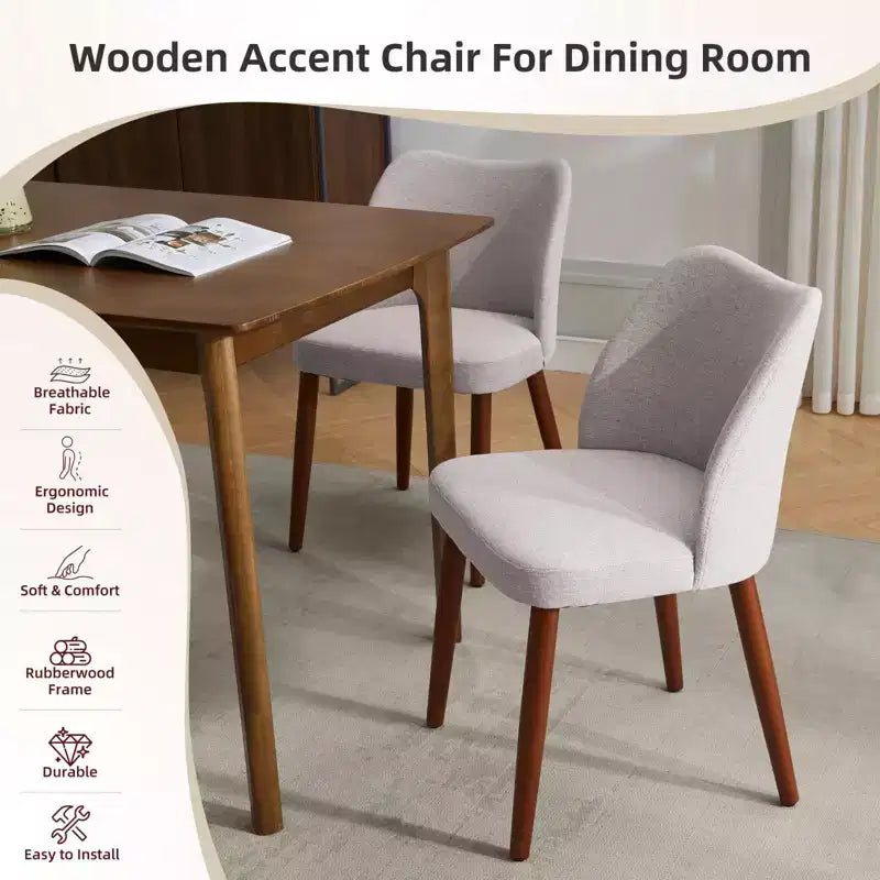 Dining Chair Set of 2, Linen Upholstered Dining Chair with Wood Legs, Wing Backrest, Wooden Kitchen Chair, Kitchen Chairs with Thick Cushions for Room