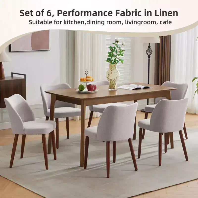 Dining Chair Set of 2, Linen Upholstered Dining Chair with Wood Legs, Wing Backrest, Wooden Kitchen Chair, Kitchen Chairs with Thick Cushions for Room