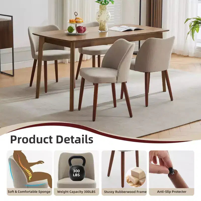 Dining Chair Set of 2, Linen Upholstered Dining Chair with Wood Legs, Wing Backrest, Wooden Kitchen Chair, Kitchen Chairs with Thick Cushions for Room