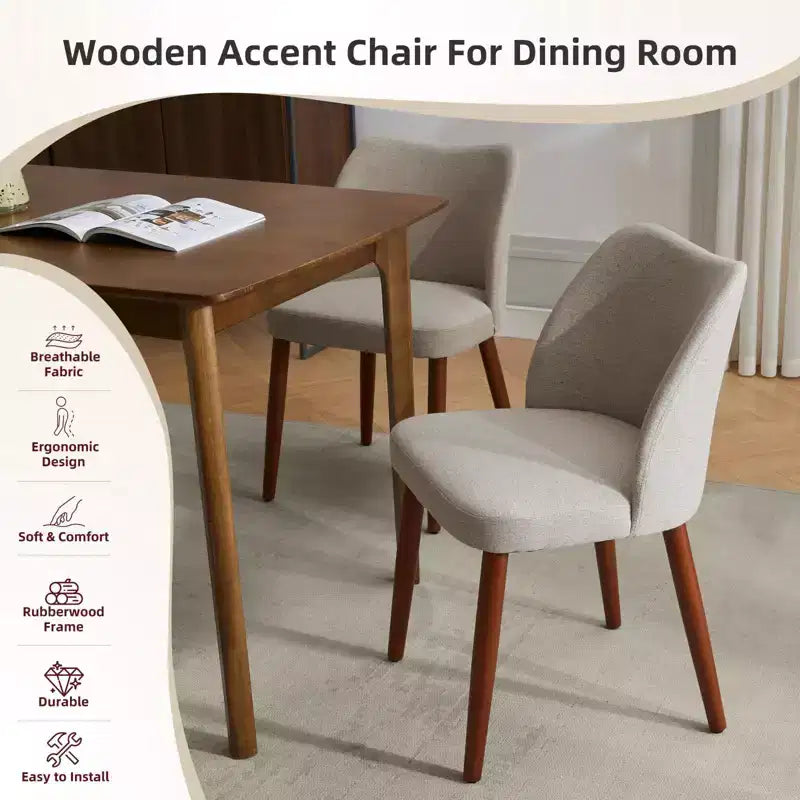 Dining Chair Set of 2, Linen Upholstered Dining Chair with Wood Legs, Wing Backrest, Wooden Kitchen Chair, Kitchen Chairs with Thick Cushions for Room