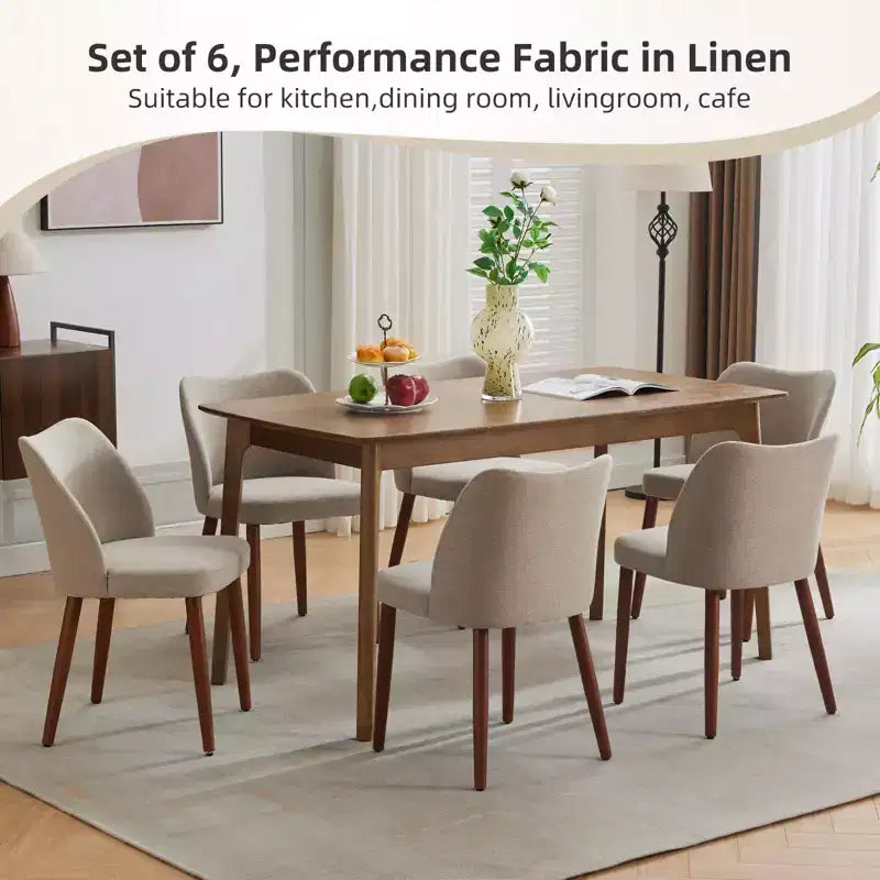 Dining Chair Set of 2, Linen Upholstered Dining Chair with Wood Legs, Wing Backrest, Wooden Kitchen Chair, Kitchen Chairs with Thick Cushions for Room