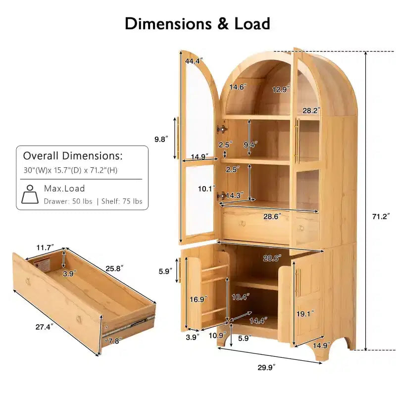 71.2 Tall Arched Kitchen Pantry Cabinet with Adjustable Shelves, Drawer & Door Racks, Farmhouse Storage Cabinet for Dining Room - Panipeachy