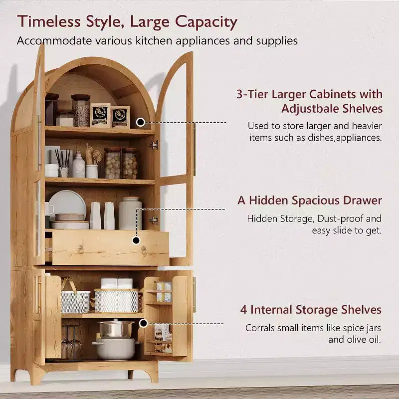 71.2 Tall Arched Kitchen Pantry Cabinet with Adjustable Shelves, Drawer & Door Racks, Farmhouse Storage Cabinet for Dining Room - Panipeachy