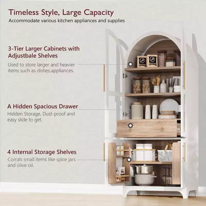 71.2 Tall Arched Kitchen Pantry Cabinet with Adjustable Shelves, Drawer & Door Racks, Farmhouse Storage Cabinet for Dining Room - Panipeachy