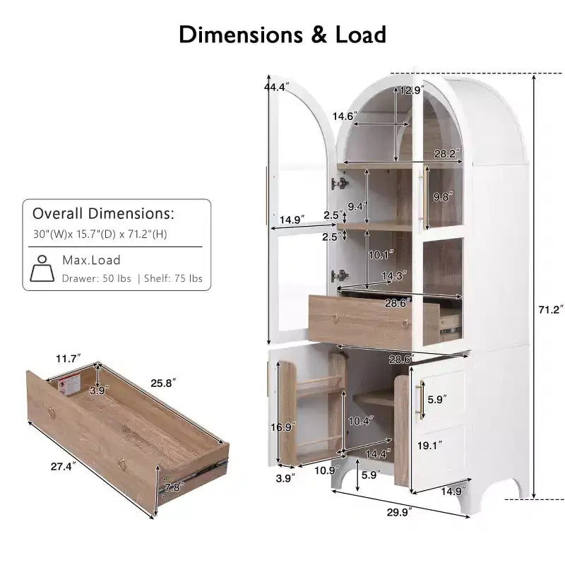 71.2 Tall Arched Kitchen Pantry Cabinet with Adjustable Shelves, Drawer & Door Racks, Farmhouse Storage Cabinet for Dining Room - Panipeachy