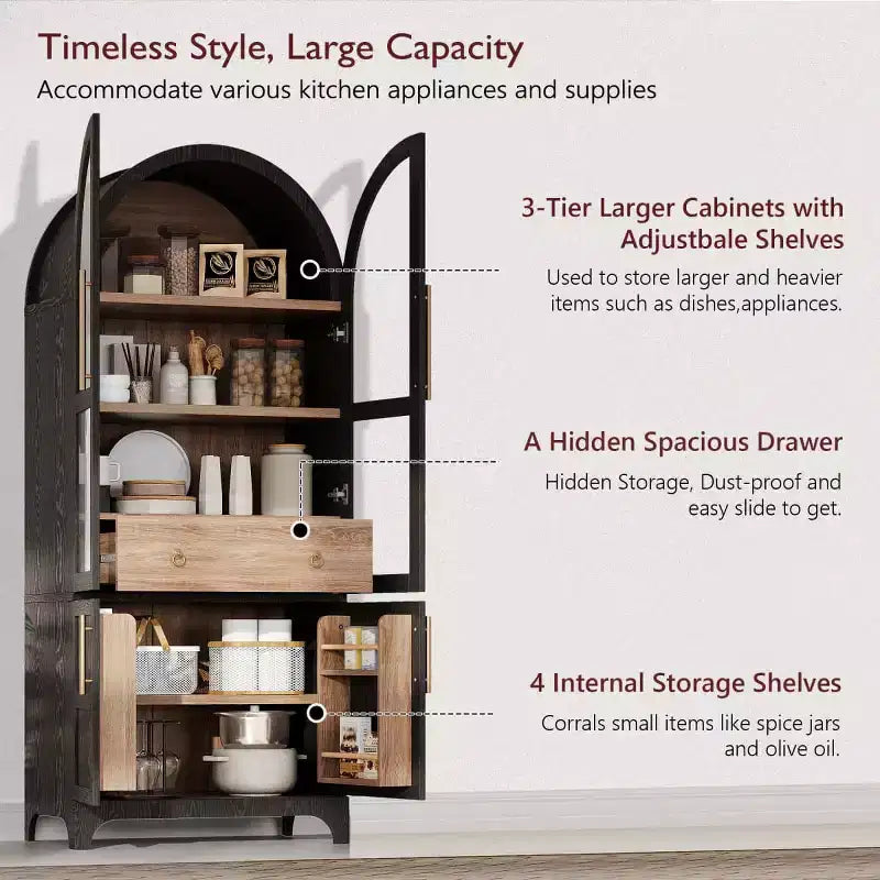 71.2 Tall Arched Kitchen Pantry Cabinet with Adjustable Shelves, Drawer & Door Racks, Farmhouse Storage Cabinet for Dining Room - Panipeachy