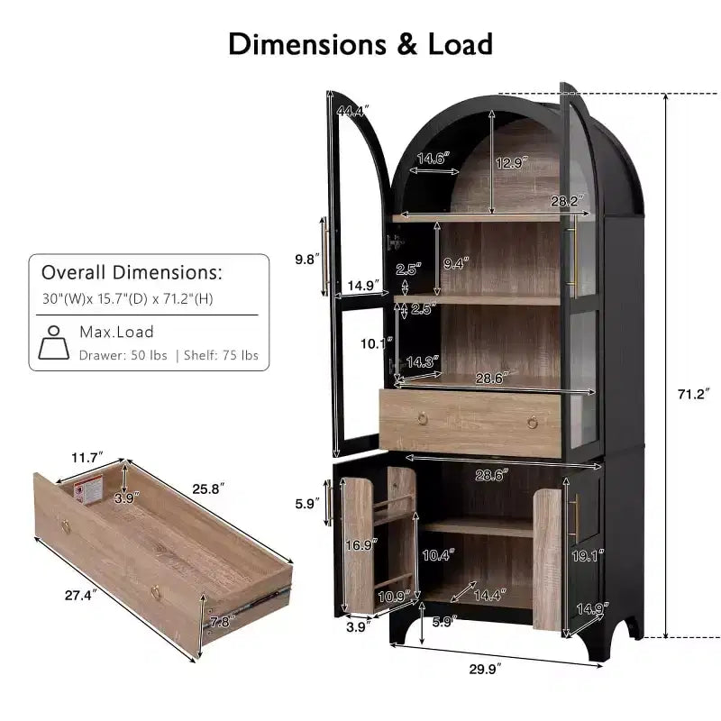 71.2 Tall Arched Kitchen Pantry Cabinet with Adjustable Shelves, Drawer & Door Racks, Farmhouse Storage Cabinet for Dining Room - Panipeachy