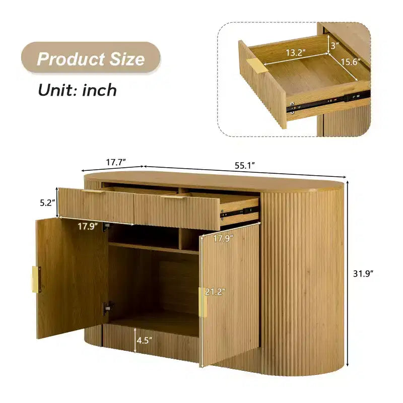 55 Modern Sleek Sideboard Buffet Cabinet with Curved Side Doors, Large Storage Cabinet for Dining Room, Living Room, or Entryway-Panipeachy