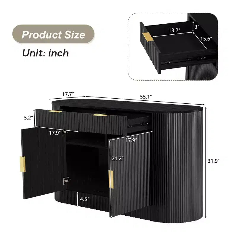 55 Modern Sleek Sideboard Buffet Cabinet with Curved Side Doors, Large Storage Cabinet for Dining Room, Living Room, or Entryway-Panipeachy