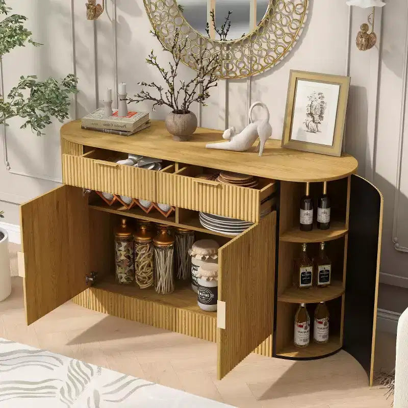 55 Modern Sleek Sideboard Buffet Cabinet with Curved Side Doors, Large Storage Cabinet for Dining Room, Living Room, or Entryway-Panipeachy