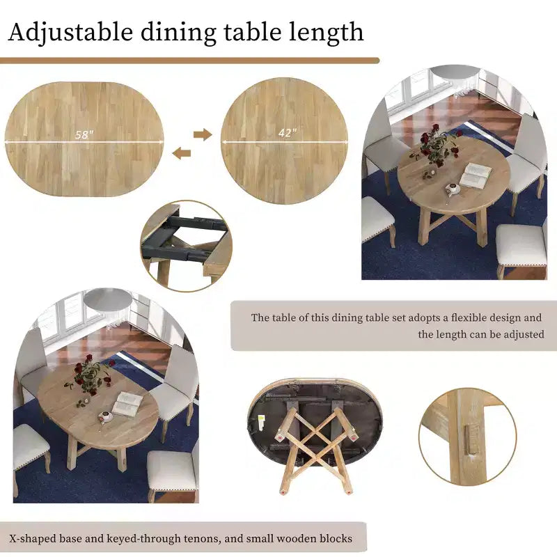 Farmhouse Round Extendable Dining Table with 16 Leaf Wood for Small Space Kitchen Living Room Apartments, Expanding From 42in to 58in