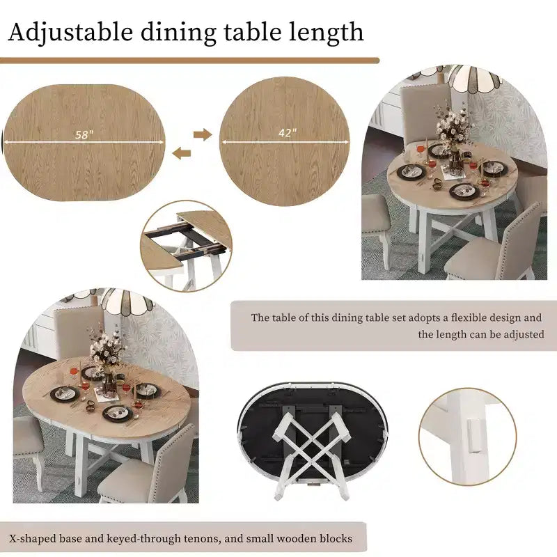 Farmhouse Round Extendable Dining Table with 16 Leaf Wood for Small Space Kitchen Living Room Apartments, Expanding From 42in to 58in