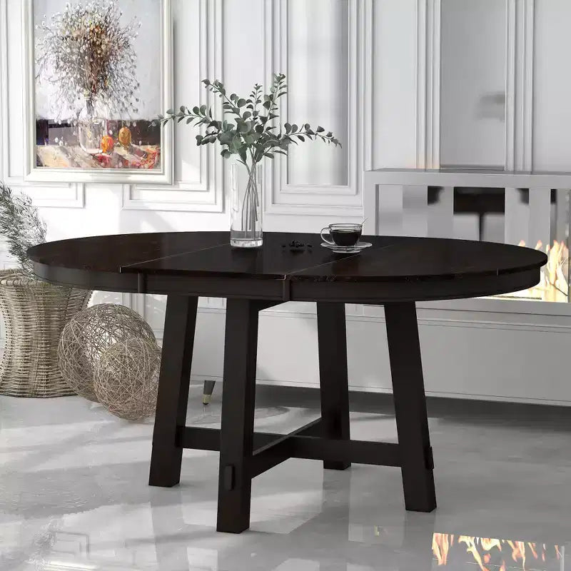 Farmhouse Round Extendable Dining Table with 16 Leaf Wood for Small Space Kitchen Living Room Apartments, Expanding From 42in to 58in