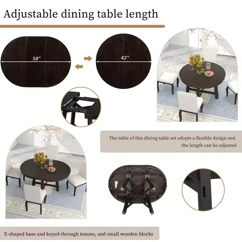 Farmhouse Round Extendable Dining Table with 16 Leaf Wood for Small Space Kitchen Living Room Apartments, Expanding From 42in to 58in