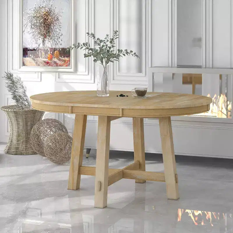 Farmhouse Round Extendable Dining Table with 16 Leaf Wood for Small Space Kitchen Living Room Apartments, Expanding From 42in to 58in