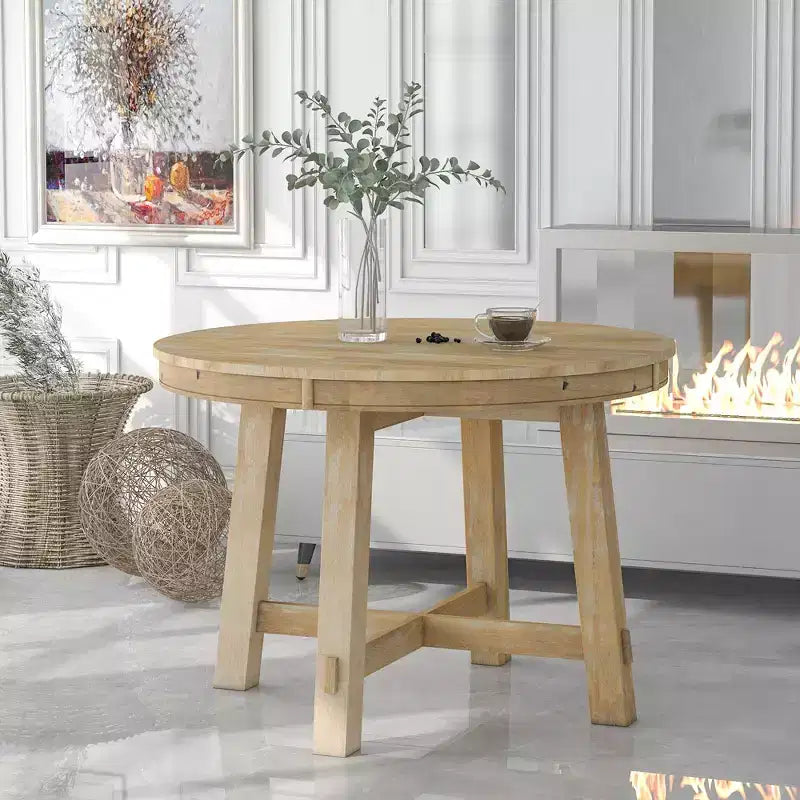 Farmhouse Round Extendable Dining Table with 16 Leaf Wood for Small Space Kitchen Living Room Apartments, Expanding From 42in to 58in