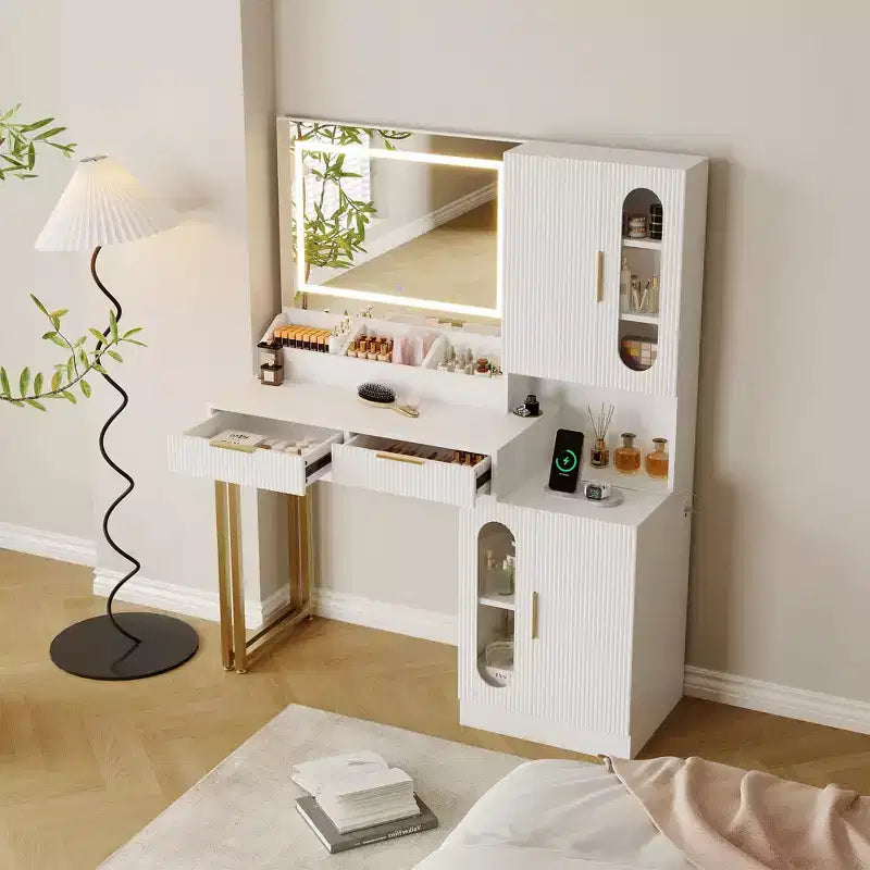 45 Makeup Vanity Desk with Mirror and Lights, Fluted Wooden Dressing Table with Charging Station, Modern Makeup Vanity Table for Bedroom