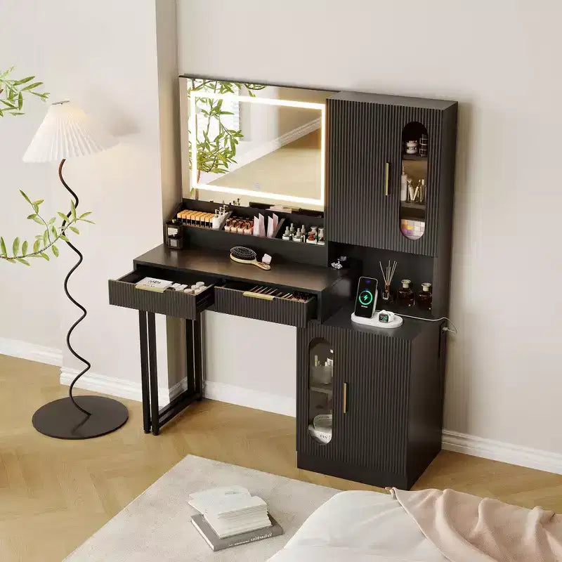 45 Makeup Vanity Desk with Mirror and Lights, Fluted Wooden Dressing Table with Charging Station, Modern Makeup Vanity Table for Bedroom
