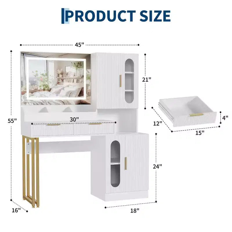 45 Makeup Vanity Desk with Mirror and Lights, Fluted Wooden Dressing Table with Charging Station, Modern Makeup Vanity Table for Bedroom