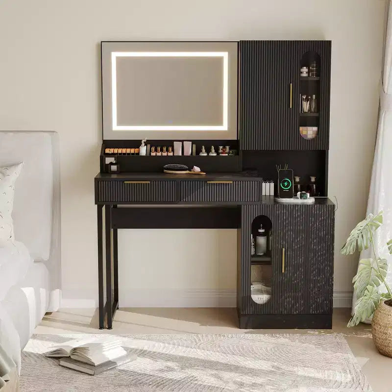 45 Makeup Vanity Desk with Mirror and Lights, Fluted Wooden Dressing Table with Charging Station, Modern Makeup Vanity Table for Bedroom