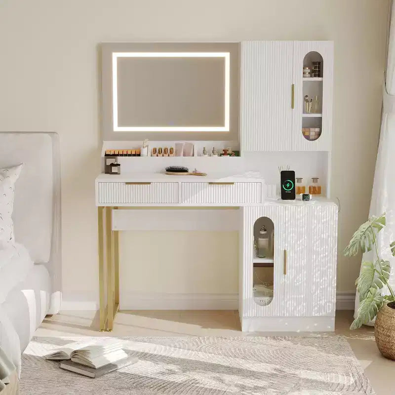 45 Makeup Vanity Desk with Mirror and Lights, Fluted Wooden Dressing Table with Charging Station, Modern Makeup Vanity Table for Bedroom