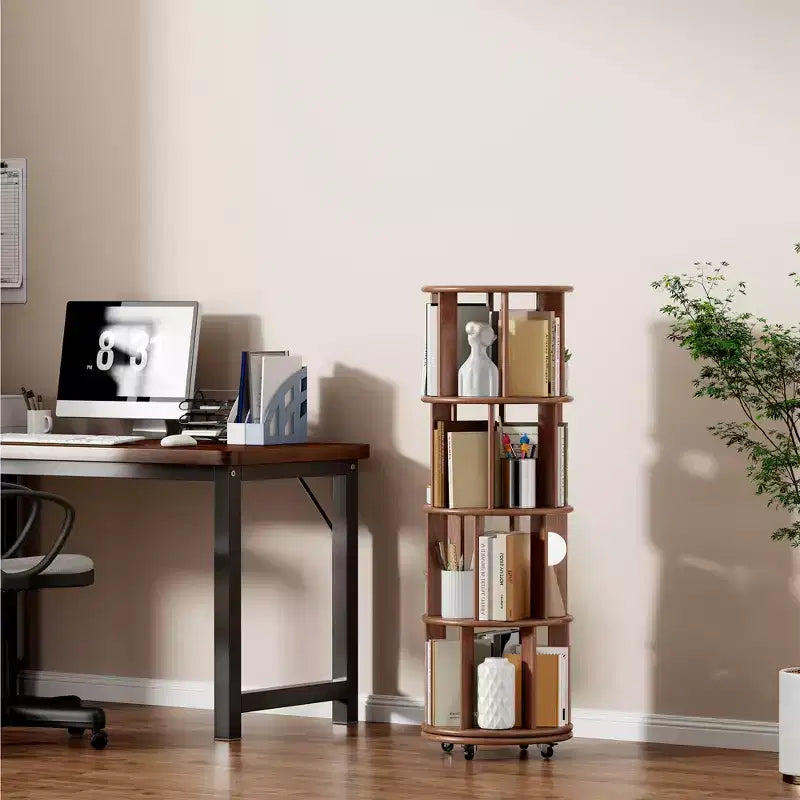 Wood Rotating Bookshelf on Wheels, 4 Tier 360 Spinning Book Shelf Tower for Kids, Narrow Rolling Bookshelves for Small Space, Corner, Bedroom, Office