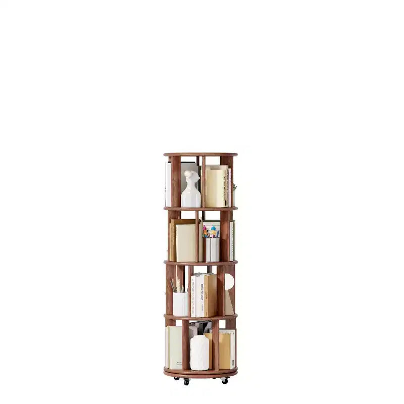 Wood Rotating Bookshelf on Wheels, 4 Tier 360 Spinning Book Shelf Tower for Kids, Narrow Rolling Bookshelves for Small Space, Corner, Bedroom, Office