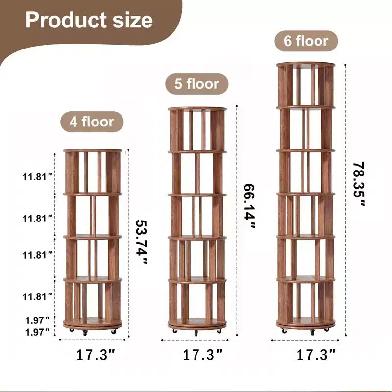 Wood Rotating Bookshelf on Wheels, 4 Tier 360 Spinning Book Shelf Tower for Kids, Narrow Rolling Bookshelves for Small Space, Corner, Bedroom, Office