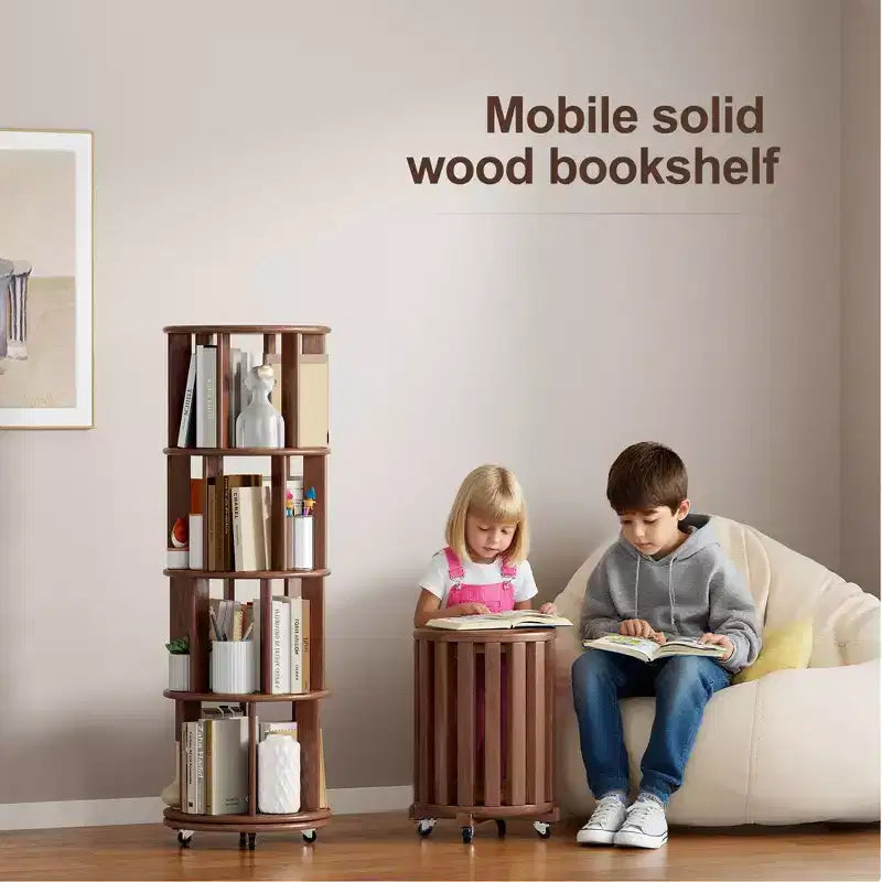 Wood Rotating Bookshelf on Wheels, 4 Tier 360 Spinning Book Shelf Tower for Kids, Narrow Rolling Bookshelves for Small Space, Corner, Bedroom, Office
