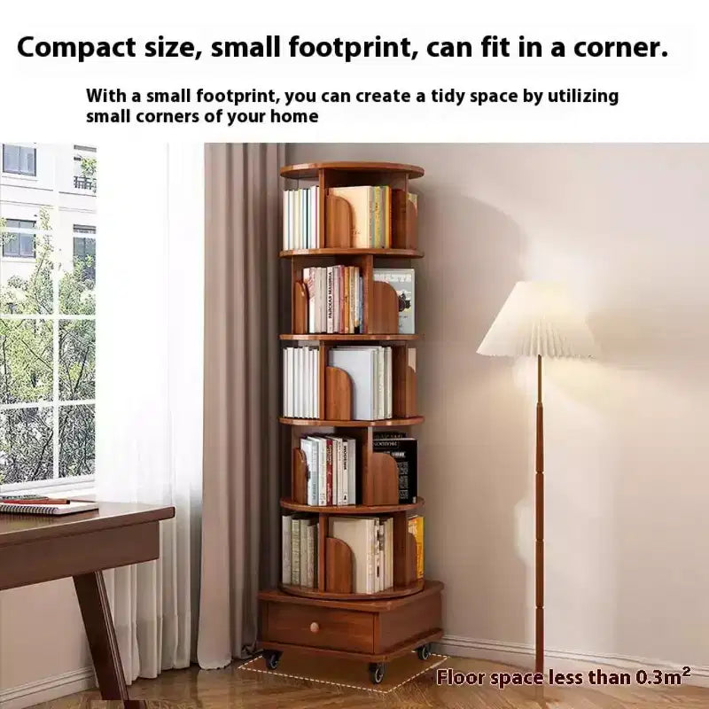 Rotating Bookshelf, 360 Display Corner Bookshelf for Small Space, 6 Tier Bookcase Storage Rack with Wheels, Wood Narrow Organizer for Bedroom