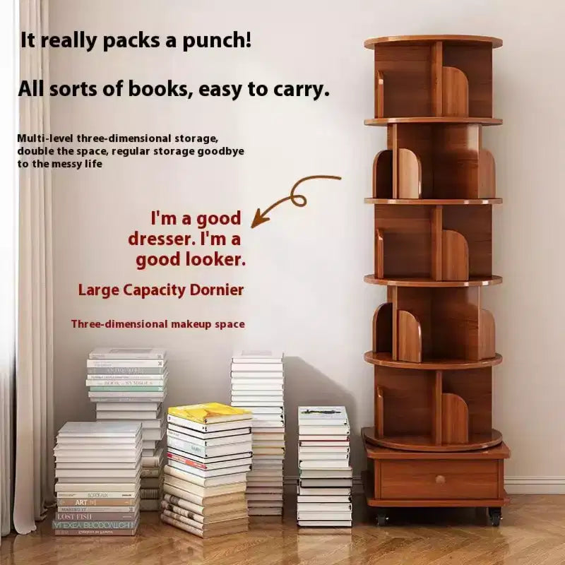 Rotating Bookshelf, 360 Display Corner Bookshelf for Small Space, 6 Tier Bookcase Storage Rack with Wheels, Wood Narrow Organizer for Bedroom