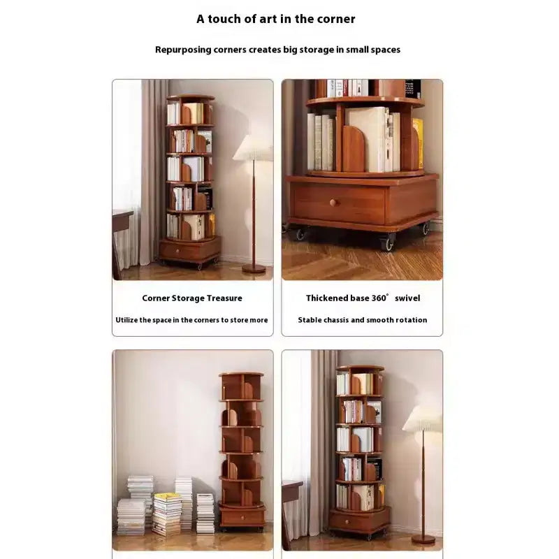 Rotating Bookshelf, 360 Display Corner Bookshelf for Small Space, 6 Tier Bookcase Storage Rack with Wheels, Wood Narrow Organizer for Bedroom