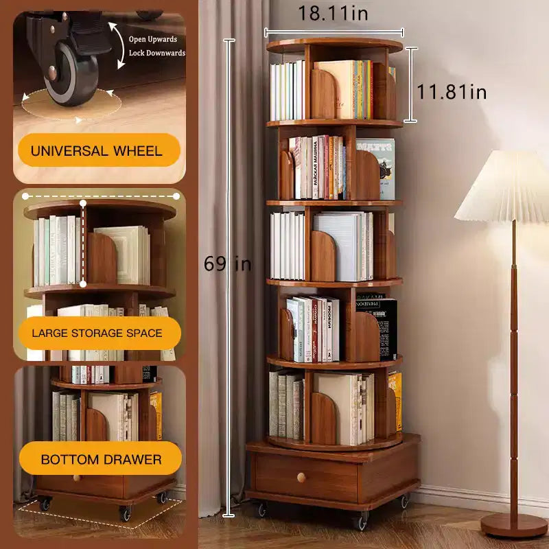 Rotating Bookshelf, 360 Display Corner Bookshelf for Small Space, 6 Tier Bookcase Storage Rack with Wheels, Wood Narrow Organizer for Bedroom