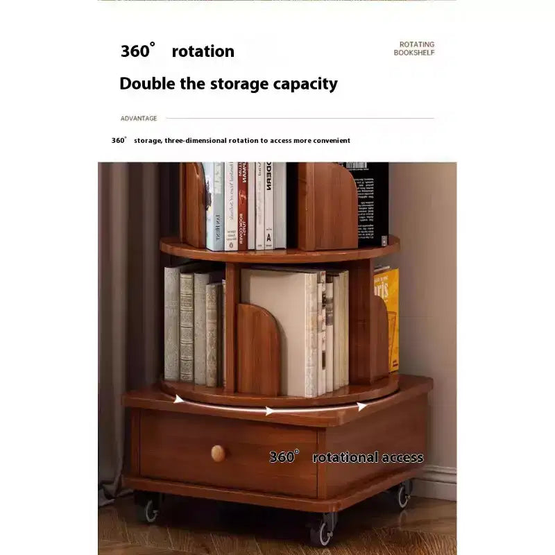Rotating Bookshelf, 360 Display Corner Bookshelf for Small Space, 6 Tier Bookcase Storage Rack with Wheels, Wood Narrow Organizer for Bedroom