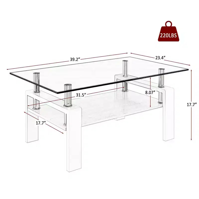 TUYOHW 2-Tier Tempered Glass Coffee Table,39.2 Modern Accent Table for Living Room,Industrial Center Table with MDF Layer,220lbs Capacity