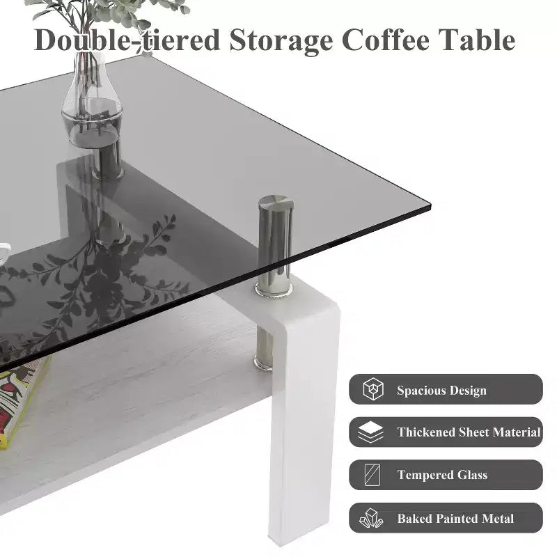 TUYOHW 2-Tier Tempered Glass Coffee Table,39.2 Modern Accent Table for Living Room,Industrial Center Table with MDF Layer,220lbs Capacity