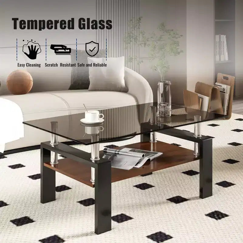 TUYOHW 2-Tier Tempered Glass Coffee Table,39.2 Modern Accent Table for Living Room,Industrial Center Table with MDF Layer,220lbs Capacity