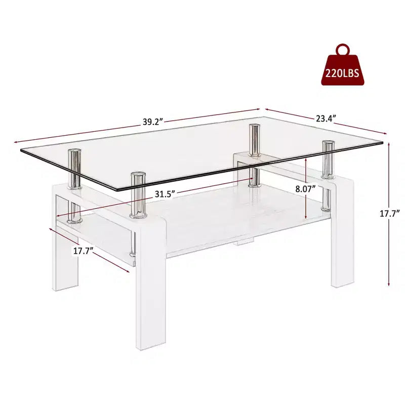 TUYOHW 2-Tier Tempered Glass Coffee Table,39.2 Modern Accent Table for Living Room,Industrial Center Table with MDF Layer,220lbs Capacity