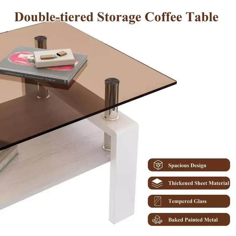 TUYOHW 2-Tier Tempered Glass Coffee Table,39.2 Modern Accent Table for Living Room,Industrial Center Table with MDF Layer,220lbs Capacity
