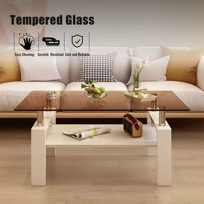 TUYOHW 2-Tier Tempered Glass Coffee Table,39.2 Modern Accent Table for Living Room,Industrial Center Table with MDF Layer,220lbs Capacity