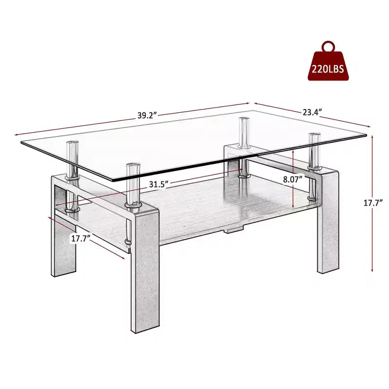 TUYOHW 2-Tier Tempered Glass Coffee Table,39.2 Modern Accent Table for Living Room,Industrial Center Table with MDF Layer,220lbs Capacity