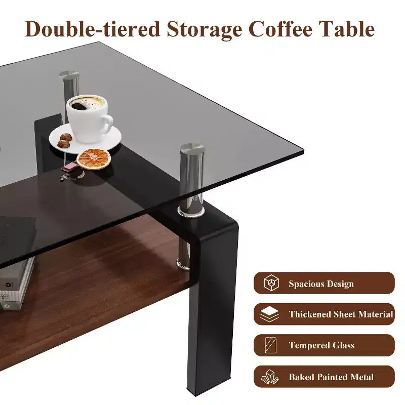 TUYOHW 2-Tier Tempered Glass Coffee Table,39.2 Modern Accent Table for Living Room,Industrial Center Table with MDF Layer,220lbs Capacity